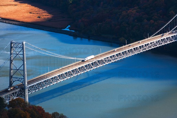 USA, New York, Bear Mountain with bridge above blue river