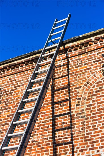 Ladder by brick wall