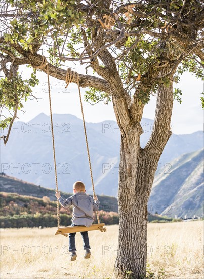 Boy (4-5) sitting on swing