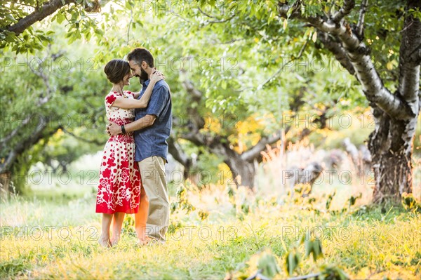 Couple embracing in cherry orchard