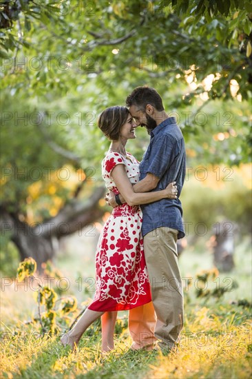 Couple embracing in cherry orchard