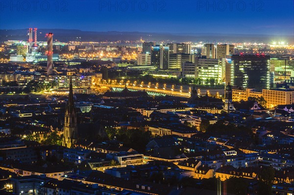 Switzerland, Basel, Basel-Stadt, Cityscape at night