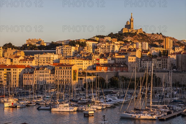 France, Provence-Alpes-Cote d'Azur, Marseille, Notre-Dame de la Garde above Vieux port - Old Port