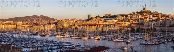 France, Provence-Alpes-Cote d'Azur, Marseille, Notre-Dame de la Garde above Vieux port - Old Port
