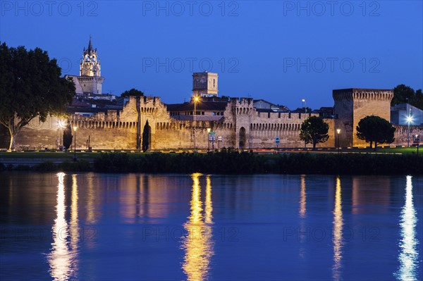France, Provence-Alpes-Cote d'Azur, Avignon, Old town, embankment in foreground