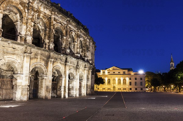 France, Occitanie, Nimes, Arena of Nimes at dusk