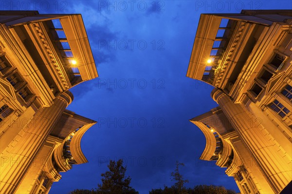 France, Occitanie, Montpellier, Low angle view of modern architecture of Quartier Antigone