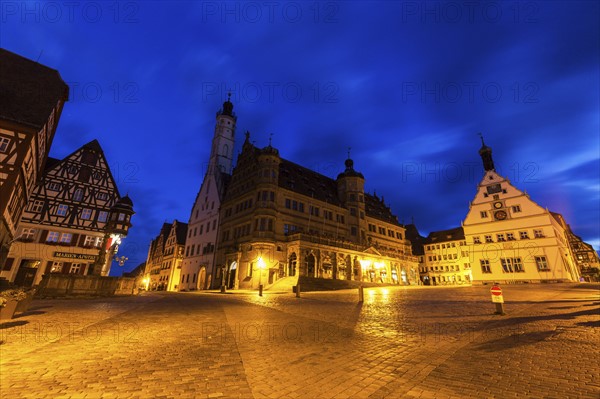 Germany, Bavaria, Rothenburg, Market Square at dusk