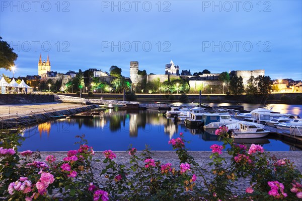 France, Pays de la Loire, Angers, Harbor by Chateau d'Angers at dusk