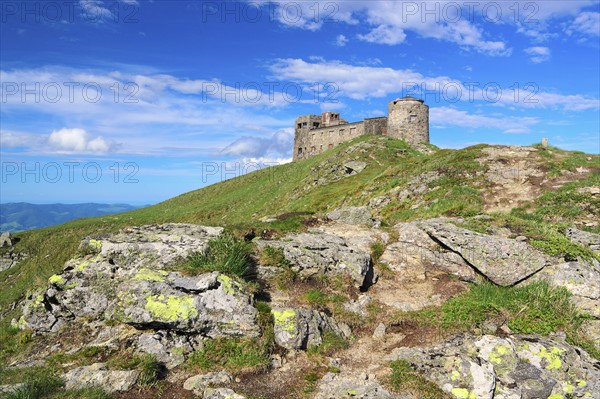 Ukraine, Ivano-Frankivsk region, Verkhovyna district, Carpathians, Chernohora, Stone observatory on top of hill