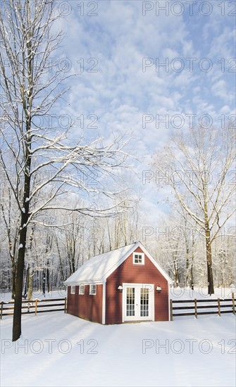 USA, New Jersey, Cabin in snowy woods