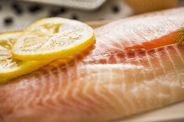 Close up of raw tilapia with slices of lemon