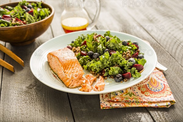 Salmon with salad on plate