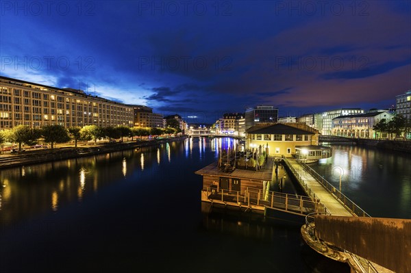 Switzerland, Geneva, Architecture of Geneva along Rhone River