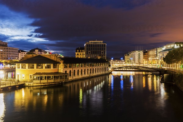 Switzerland, Geneva, Architecture of Geneva along Rhone River