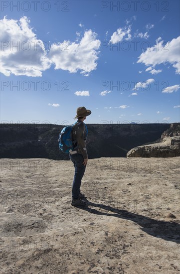 USA, Colorado, Hiker looking at view on Petroglyph Trail in Mesa Verde National Park