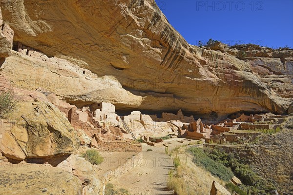USA, Colorado, Long House pueblo ruin under cliff in Mesa Verde National Park