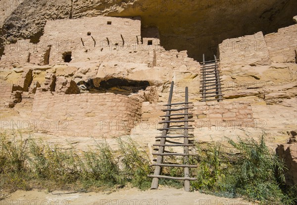 USA, Colorado, Ladders at Long House pueblo ruin in Mesa Verde National Park