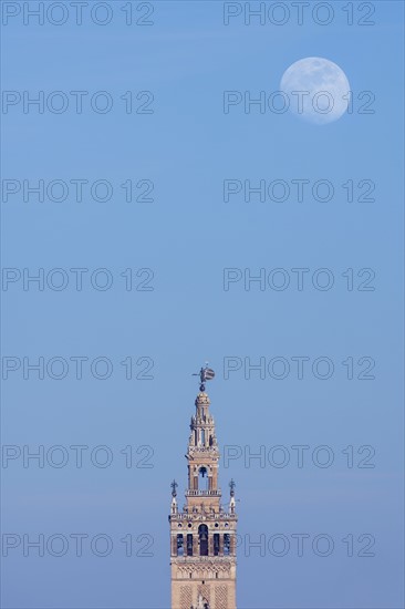 Spain, Seville, Moonrise over Giralda tower at dusk