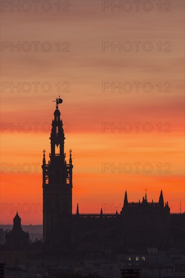 Spain, Seville, Silhouette of Giralda and Cathedral of Sevilla at sunset