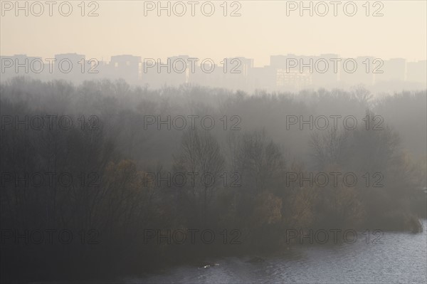 Ukraine, Dnepropetrovsk, Forest and remote city skyline at foggy dawn