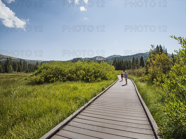 Children (4-5) walking on boardwalk