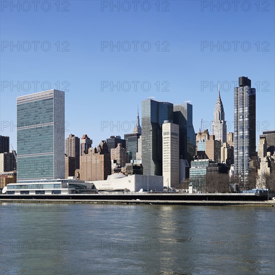 USA, New York, New York City, Waterfront with skyscrapers