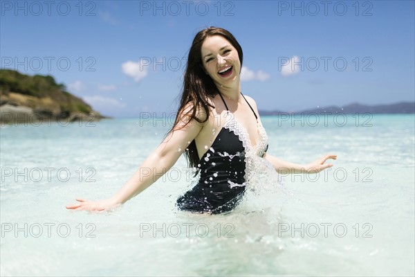 USA, Virgin Islands, Saint Thomas, Beautiful woman having fun on summer vacations