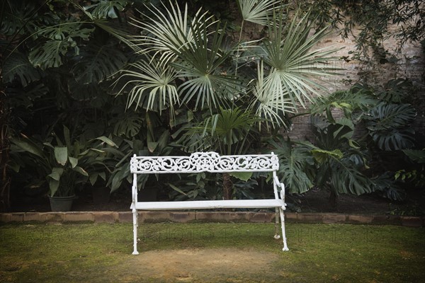 Spain, Andalusia, Seville, La Macarena, Ornate garden bench with palm plant