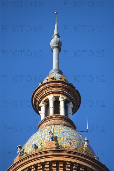 Spain, Seville, Plaza De Espana, High section of ornate tower