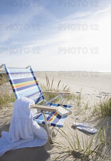 USA, Massachusetts, Nantucket Island, Empty lounge chair on Madaket Beach