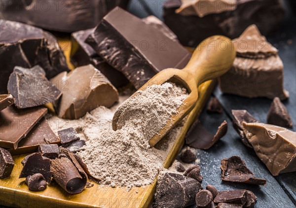 Various pieces of chocolate around wooden scoop with chocolate powder