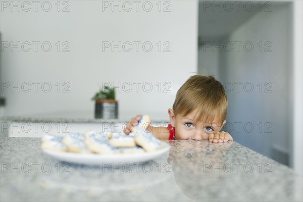 Boy (2-3) reaching for cookies on kitchen counter