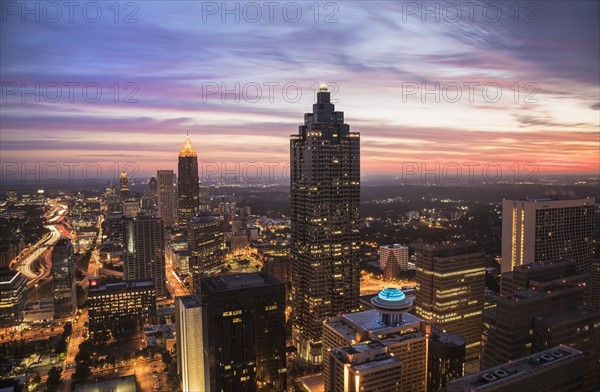 USA, Georgia, Atlanta, Cityscape with skyscrapers at dawn