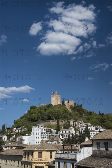 Spain, Andalusia, Granada, Plaza Nueva, Palace of Alhambra on hill