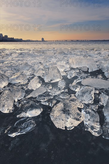 Ukraine, Dnepropetrovsk region, Dnepropetrovsk city, Frozen river with lumps of ice