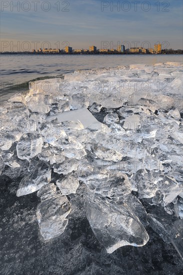 Ukraine, Dnepropetrovsk region, Dnepropetrovsk city, Frozen river with lumps of ice