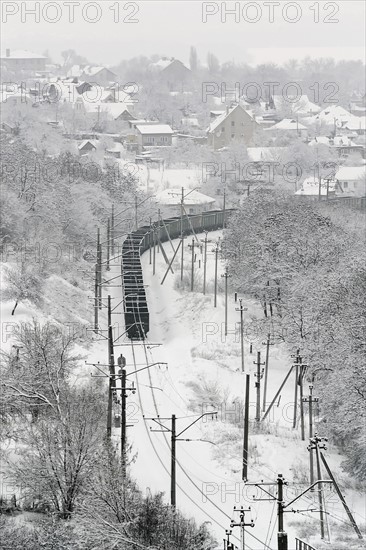 Ukraine, Dnepropetrovsk region, Dnepropetrovsk city, railroad track in winter