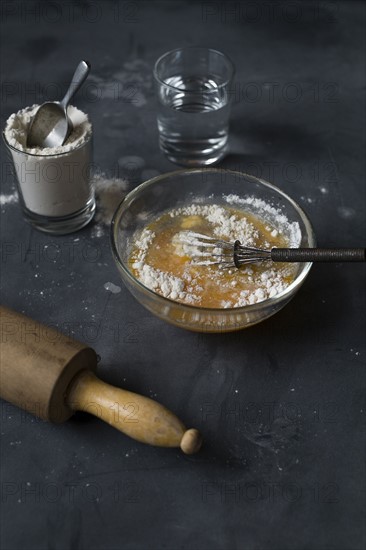 Still life with eggs, flour and water