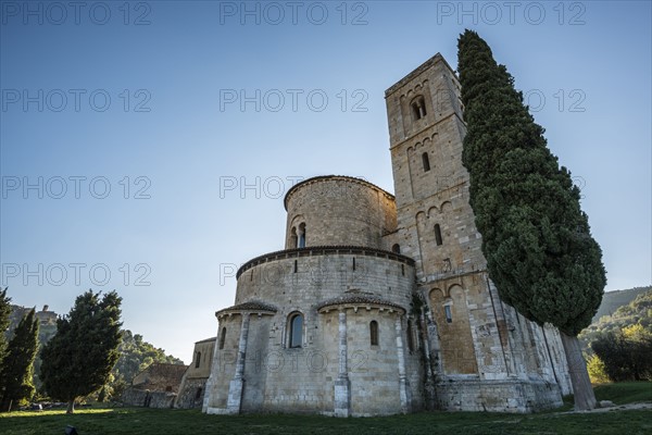 Italy, Tuscany, Montalcino, Facade of Abbey of Sant'Antimo near Montalcino city