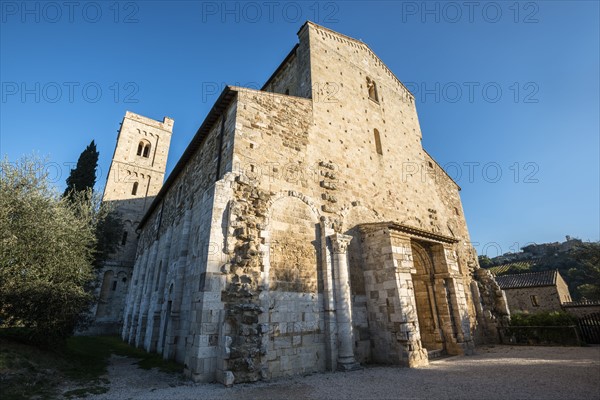 Italy, Tuscany, Montalcino, Facade of Abbey of Sant'Antimo near Montalcino city