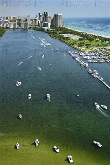 USA, Florida, Miami, Aerial view of bay of water and city buildings