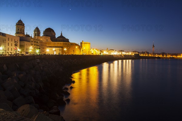 Spain, Andalusia, Cadiz, Cathedral de Cadiz and waterfront buildings at night