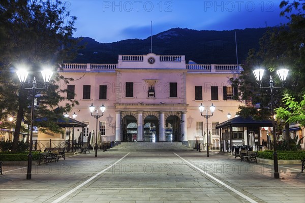 Gibraltar, Gibraltar City, Gibraltar Parliament on John Mackintosh Square at night