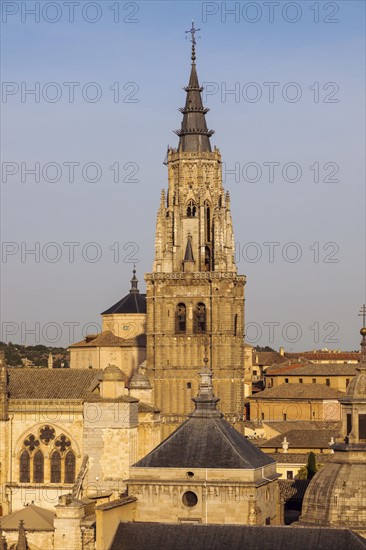 Spain, Castile-La Mancha, Toledo, Illuminated tower of Toledo Cathedral