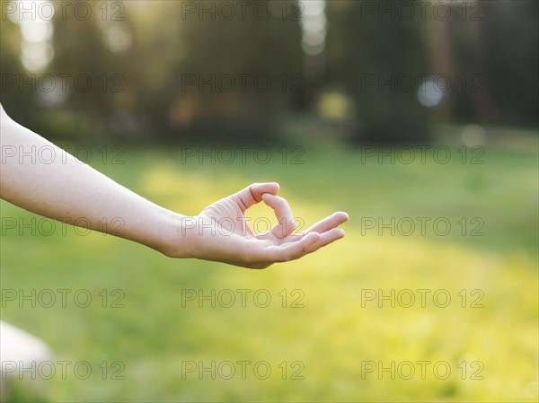 Hand of woman practicing yoga in forest