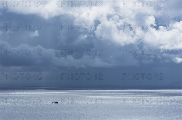 Ireland, County Donegal, Fishing boat on Donegal Bay seen from Wild Atlantic Way