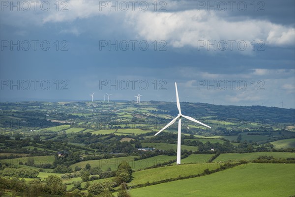 Ireland, County Cavan, Landscape with wind turbines
