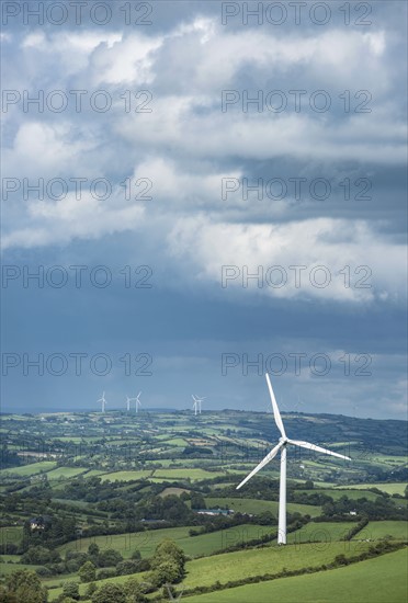 Ireland, County Cavan, Landscape with wind turbines