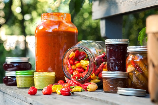 Preserves and chili peppers in jar